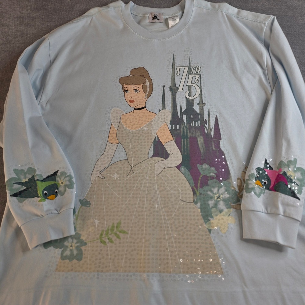 NWT Disney Cinderella 75th Anniversary Shirt Womens XL Blue Sequin Spirit Jersey